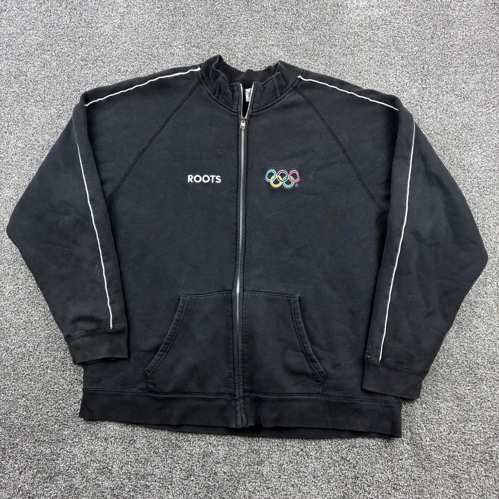 Vintage Roots Olympics Track Jacket Mens 2XL Black White 2004 Olympics Full Zip